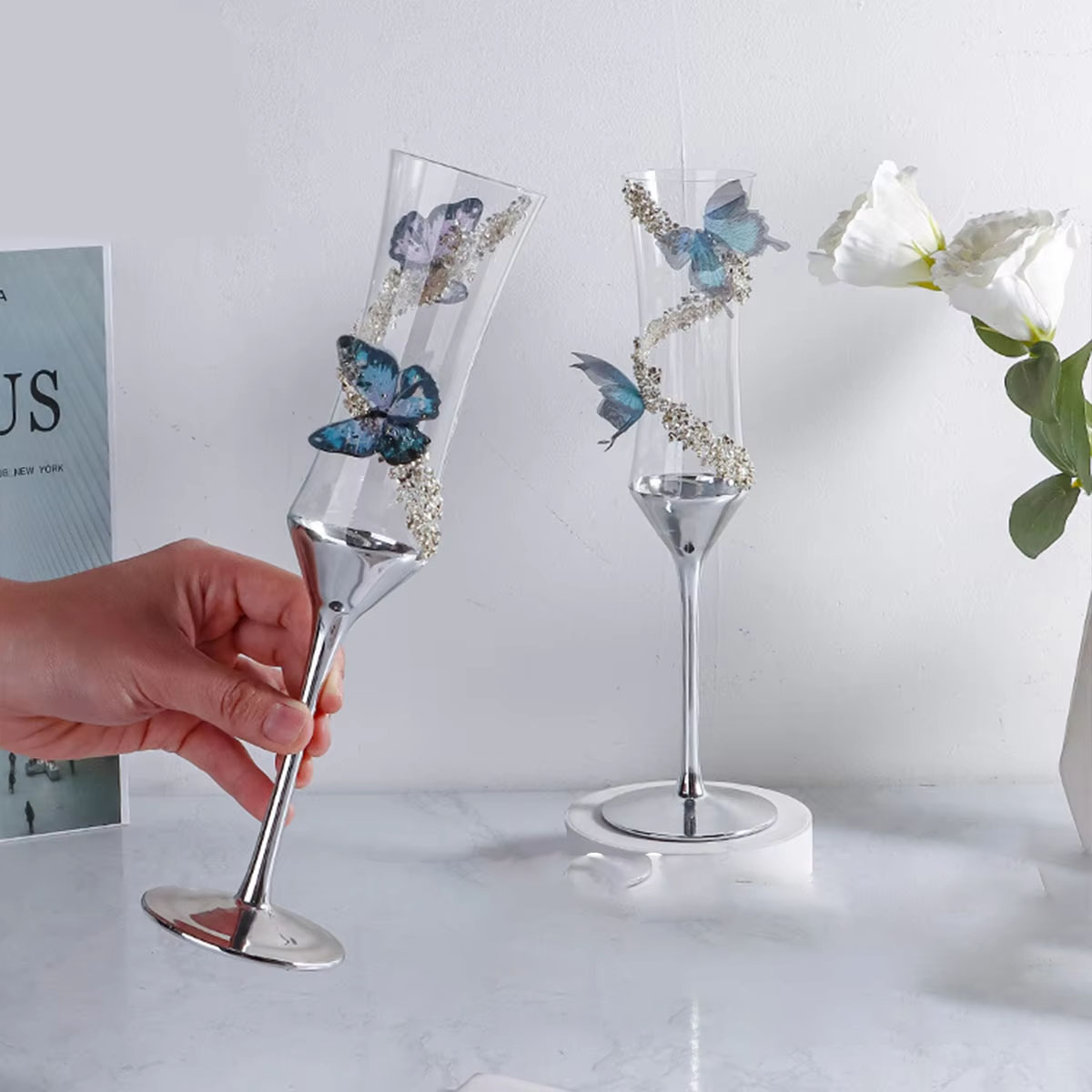 Champagne Flute Pair - Vlinder Champagne Glas Galvaniseren Huishoudelijk Kristalglas